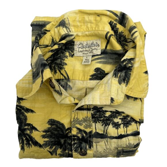 🔥Cabela's Hawaiian Button-up Shirt | Beach Palm Trees | Men's Large, Yellow - Picture 4 of 6